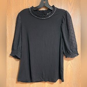 Status by Chenault Black Blouse with Rhinestone Collar and Keyhole Back